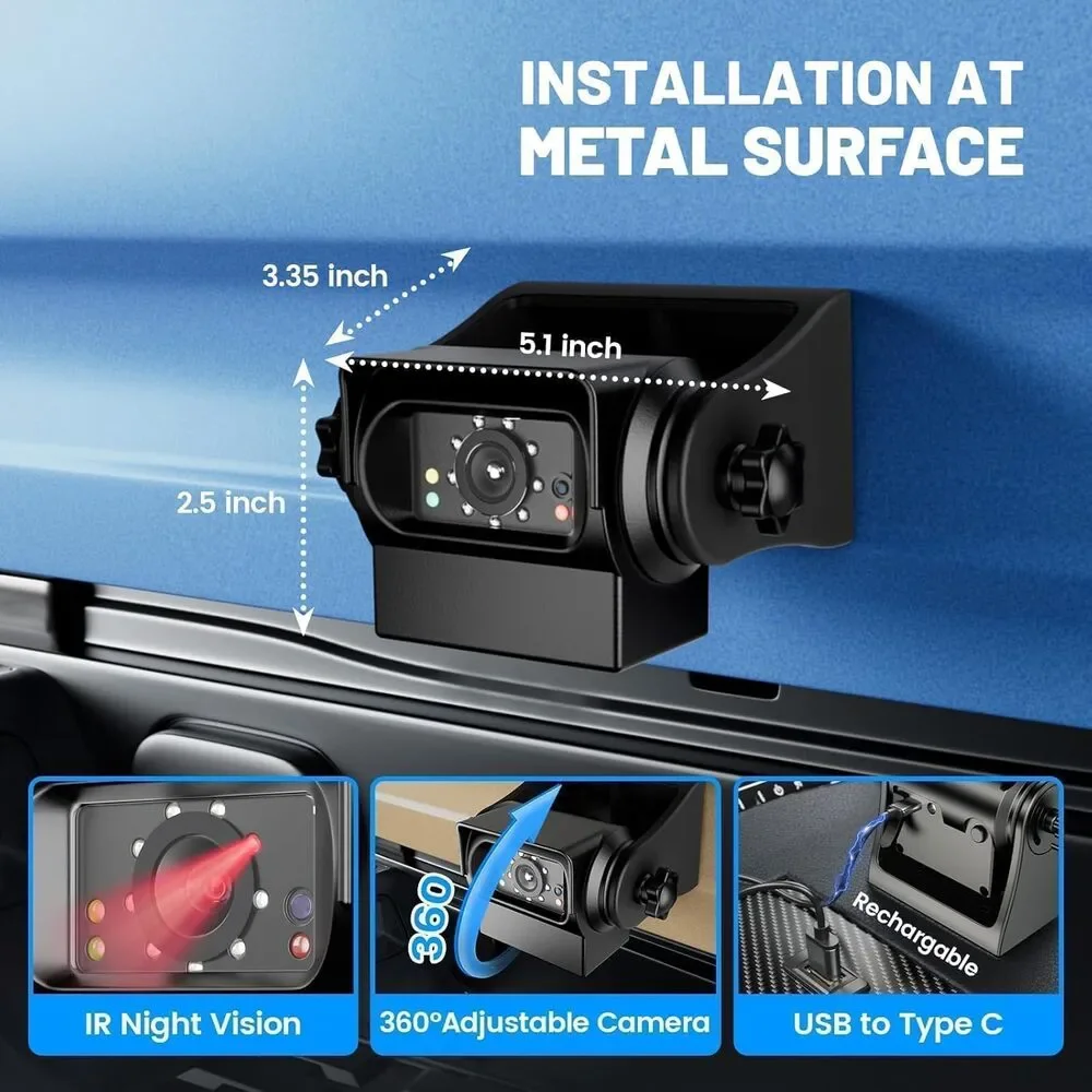 EWAY Magnetic Wireless Backup Camera Rechargeable Trailer RV Reverse - Black